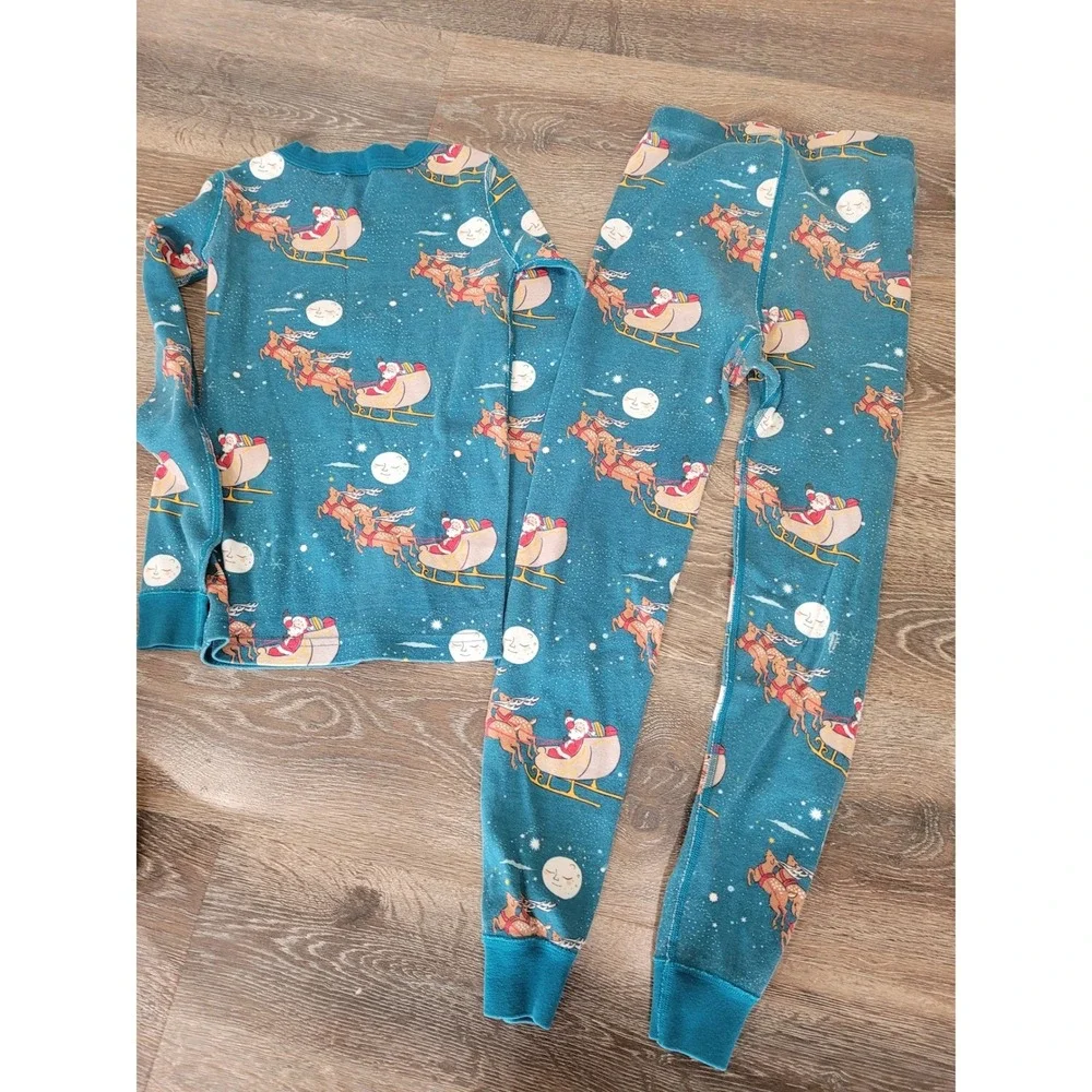 Hanna Andersson Santa Sleigh Reindeer Pajamas Organic Cotton Teal 8 Christmas #S